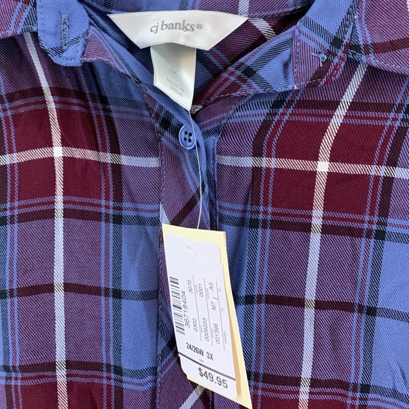 NWT CJ Banks Blue Maroon Plaid Button Down - Picture 2 of 7